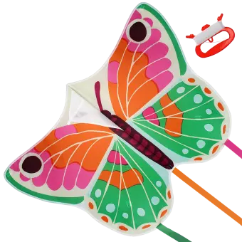 Colourful butterfly‑shaped kite with long trailing ribbons and a red handle with flying line.