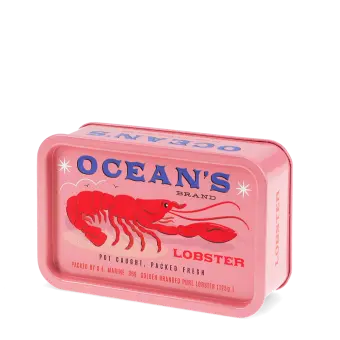 Pink mini storage tin with an illustrated lobster on the front.