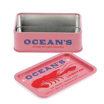 Open pink mini storage tin with the lid beside it, featuring an illustrated lobster on the lid.
