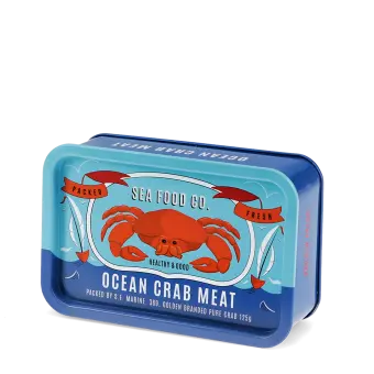 Blue mini storage tin with an illustrated crab on the front.