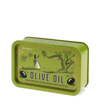 Mini storage tin with an olive oil illustration on the front.