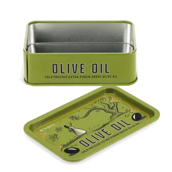 Open mini storage tin with the lid beside it, featuring an illustrated olive oil.