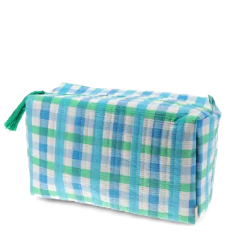 Blue and green gingham quilted washbag with a zip and tassel.