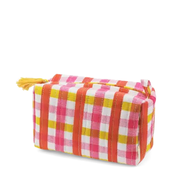 Pink and yellow gingham quilted makeup bag with a zip and tassel.