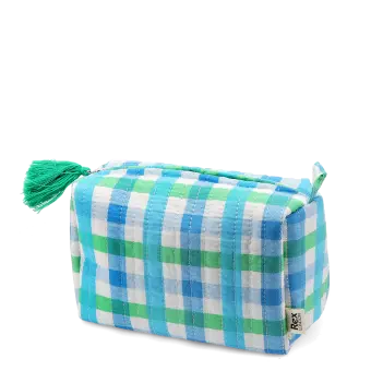 Blue and green gingham quilted makeup bag with a zip and tassel.