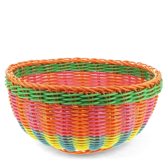 Round woven basket made of brightly coloured plastic.