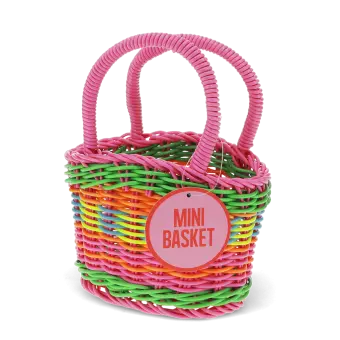 A small woven plastic basket with a pink handle and multicoloured striped body with tag.