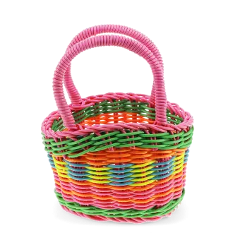 A small woven plastic basket with a pink handle and multicoloured striped body