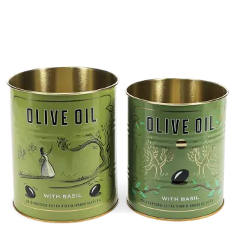 Two green olive oil storage tins, featuring illustrated trees and olives.