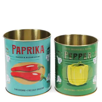 Two storage tins labelled Paprika and Pepper, with red and yellow pepper illustrations.