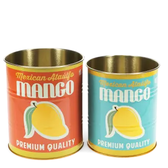 Two mango-themed storage tins, one orange and one blue, each with a mango illustration.