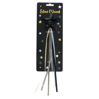 Black glitter star wand with long ribbons on star-patterned cardboard backing.