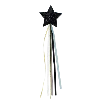 Black glitter star wand with long gold, silver, grey, blue and black ribbons.