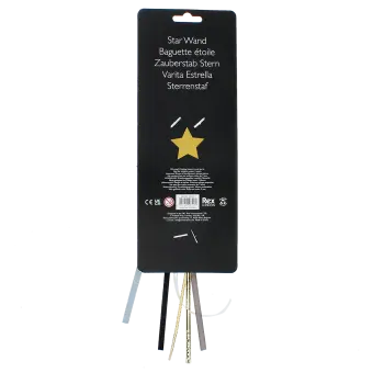 Back of glitter star wand packaging with safety warnings descriptions.