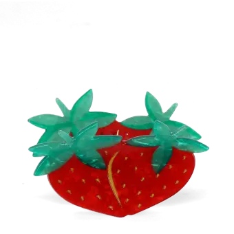 Hair claw clip featuring a sweet strawberry design in red, green and gold, with hints of marbling and translucence. 