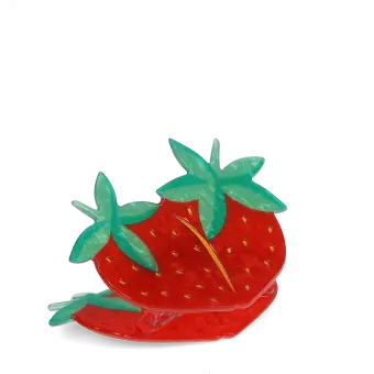 Hair claw clip featuring a sweet strawberry design in red, green and gold, with hints of marbling and translucence. 
