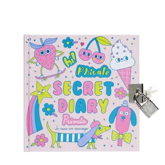 Colourful secret diary with cute cartoons illustrations and a padlock on the cover.