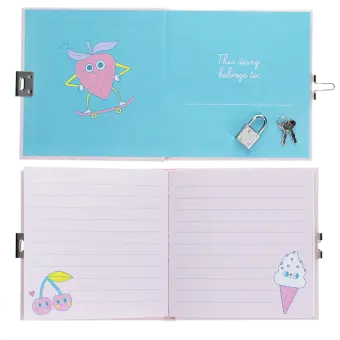 Open secret diary showing lined pages, illustrations, and a padlock with keys.