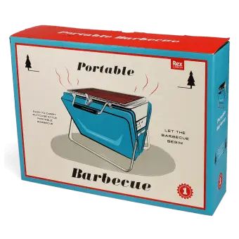 Portable charcoal grill with metal grate and foldable legs shown with packaging