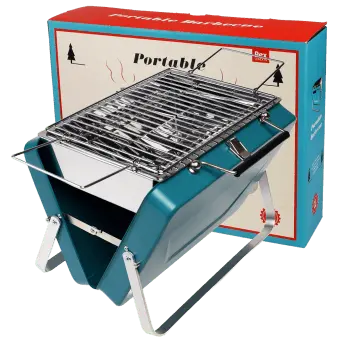  Portable charcoal grill with metal grate and foldable legs shown with packaging.