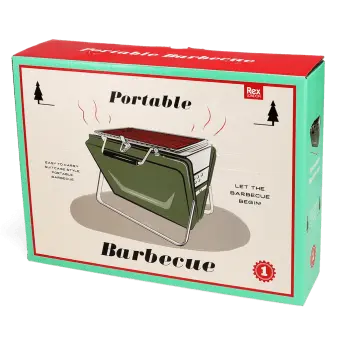 Portable charcoal grill with metal grate and foldable legs shown with packaging