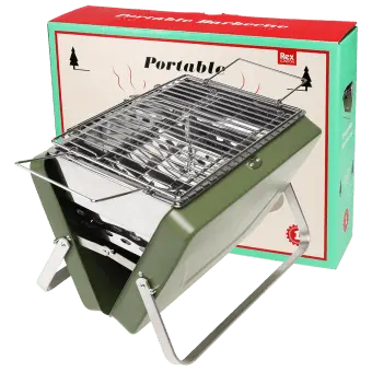 Portable charcoal grill with metal grate and foldable legs shown with packaging