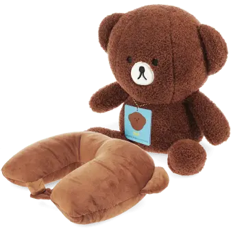 Brown plush teddy bear travel toy with a fold‑out neck pillow, shown sitting upright.