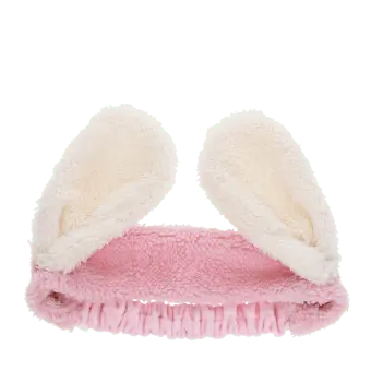 Pink plush fabric hairband with soft white bunny ears.