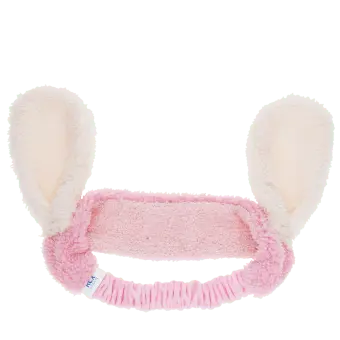 Pink plush fabric hairband with soft white bunny ears.