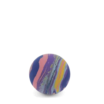 Colourful bouncy ball with purple, pink, yellow and green swirling pattern.