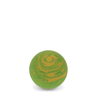 Green and yellow bouncy ball with swirling pattern.
