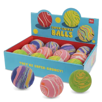 Display box of colourful marbled bouncy balls with swirling patterns 