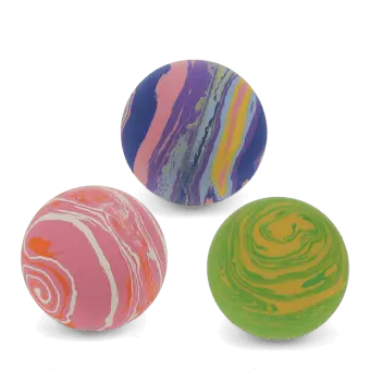 Three colourful bouncy balls in pink, purple and green with swirling patterns.