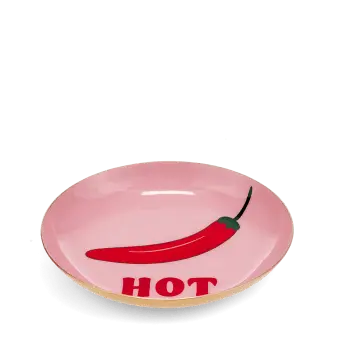 Pink trinket dish with red chilli and “HOT” text