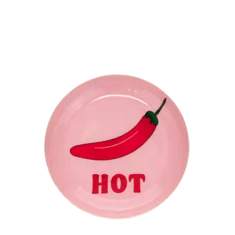 Pink trinket dish with red chilli and “HOT” text