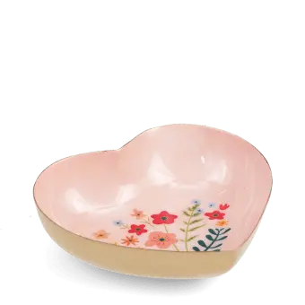 Heart-shaped pink trinket dish with floral design