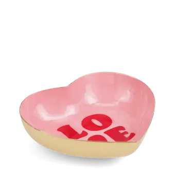 Heart-shaped pink trinket dish with red “LOVE” text