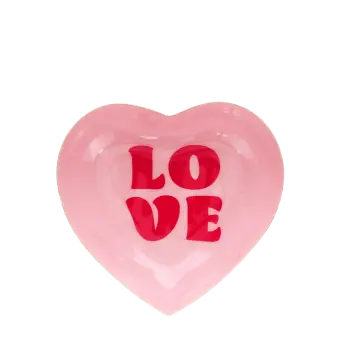 Heart-shaped pink trinket dish with red “LOVE” text
