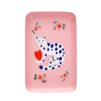 Rectangular pink trinket tray with cat design 