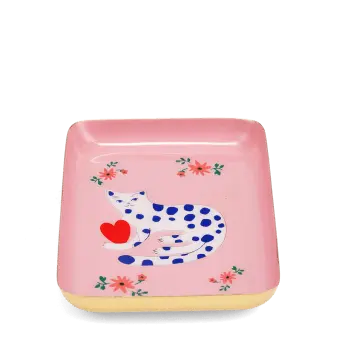 Rectangular pink trinket tray with cat design 