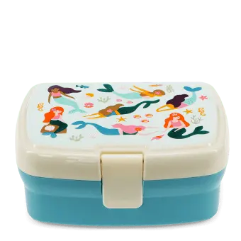 Children’s lunch box with mermaid and sea life illustration.