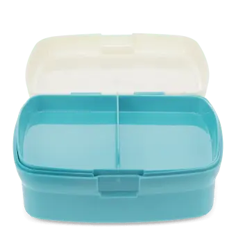 Open children’s lunch box with a removable tray and hinged lid 
