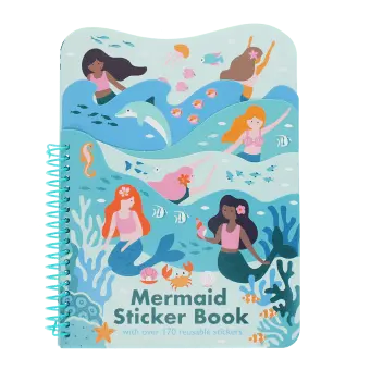 Spiral-bound mermaid sticker book with colourful underwater scenes, fish, and mermaids.