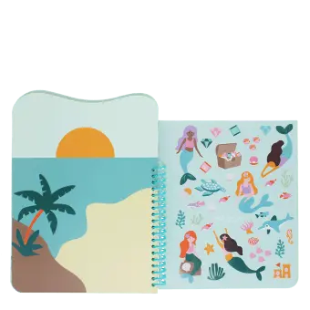 Open mermaid sticker book with colourful underwater scenes, fish, waves, and mermaids.
