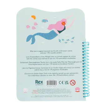Back of mermaid sticker book with safety warnings in multilingual