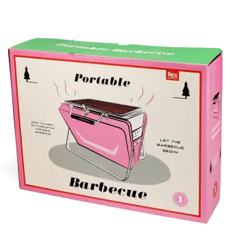 Pink portable barbecue in a retail box
