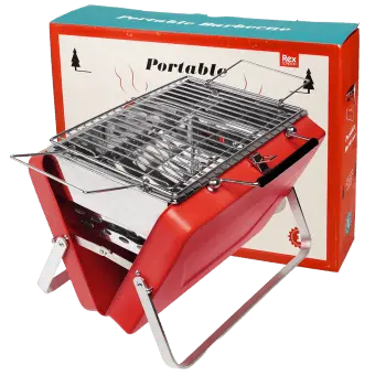 Red portable bbq suitcase placed with a retail box