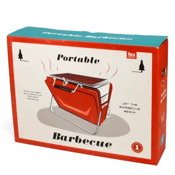 Red portable bbq suitcase in a retail box