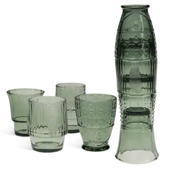 Set of 4 green glass tumblers with textured designs