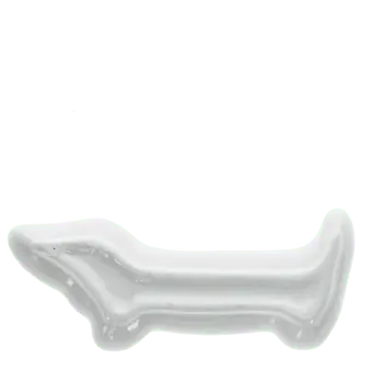 Back of White ceramic trinket dish shaped like a long sausage dog.